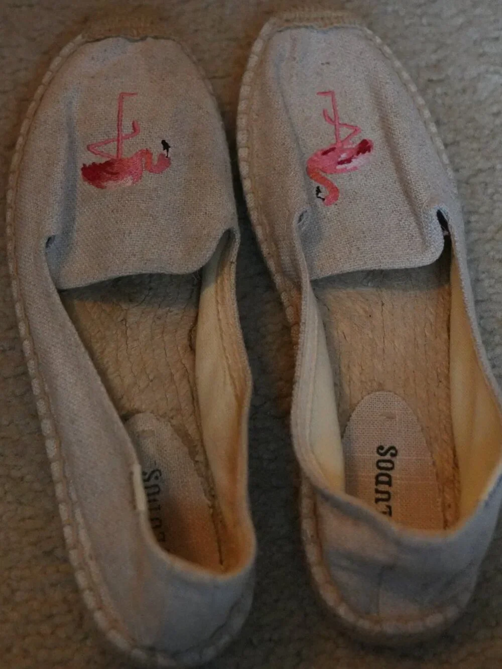 Soludos Oatmeal Linen Flamingo Embroidered Smoking Slipper Espadrilles Size 40